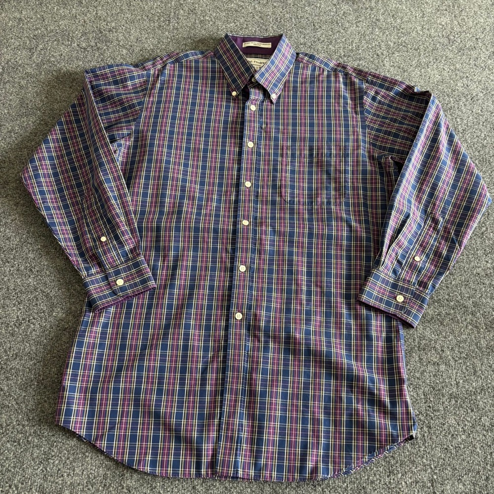 Paul Fredrick Mens 16-33 Slim Fit Non-Iron Cotton Broadcloth Plaid Shirt Purple